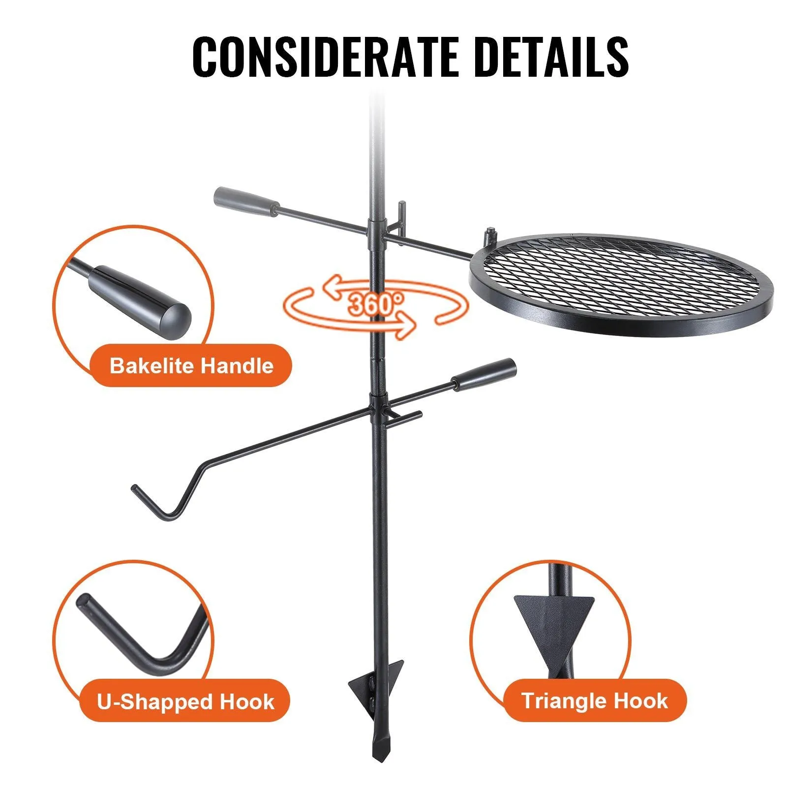 Outdoor Fire 360° Duty Portable Adjustable Direct shipping Fire for Pit Grill Steel Campfire Pits, Grill, Swivel BBQ Racks Grates, Open Equipment, Fire Cooking Outdoor Fire Camping VEVOR Heavy over Camp Grate Massive discount Grill