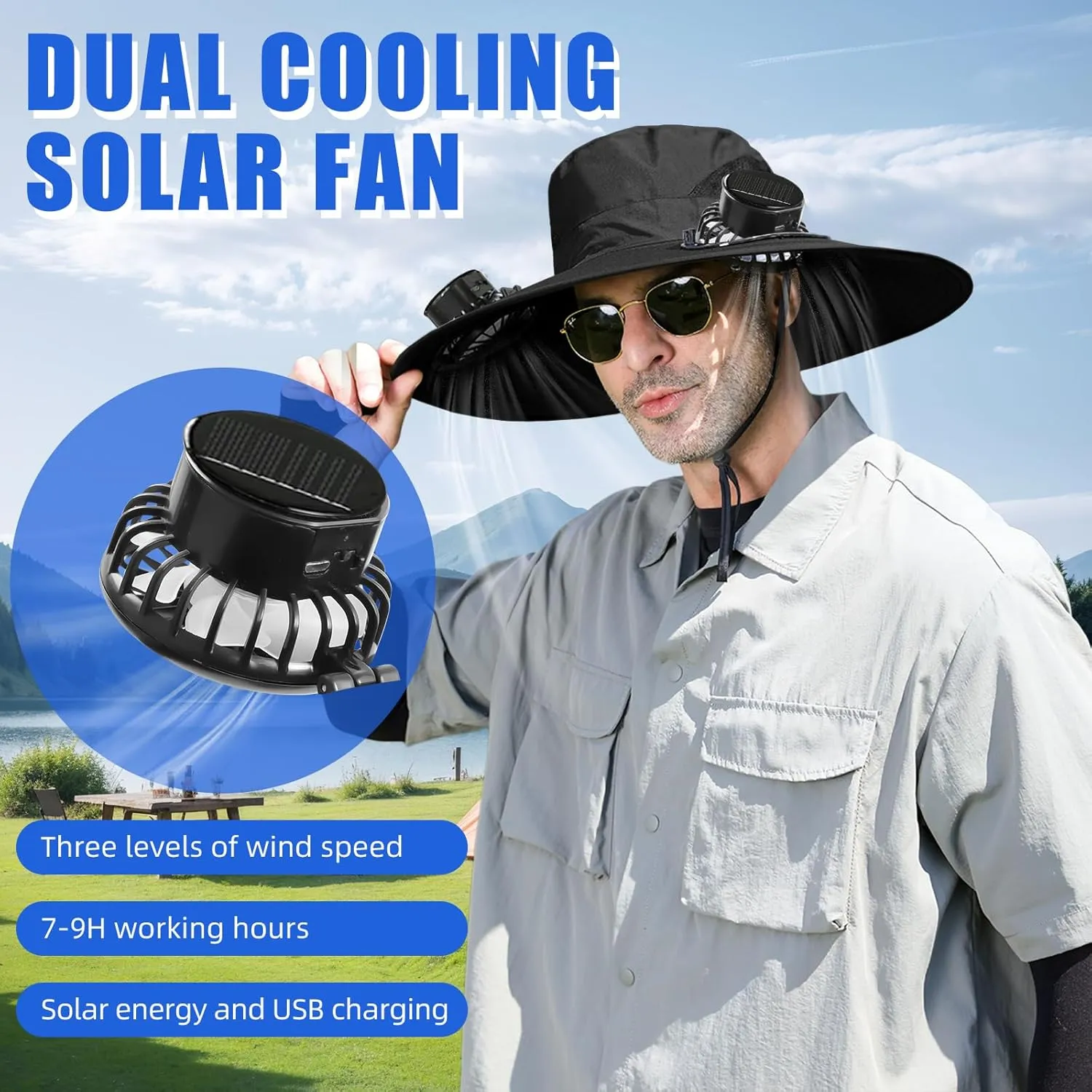 Outdoor Fishing Hat with 2 Solar Fan Breathable Wide Brim Sun Hat for Men Women, UPF 50  Bucket Beach Hat