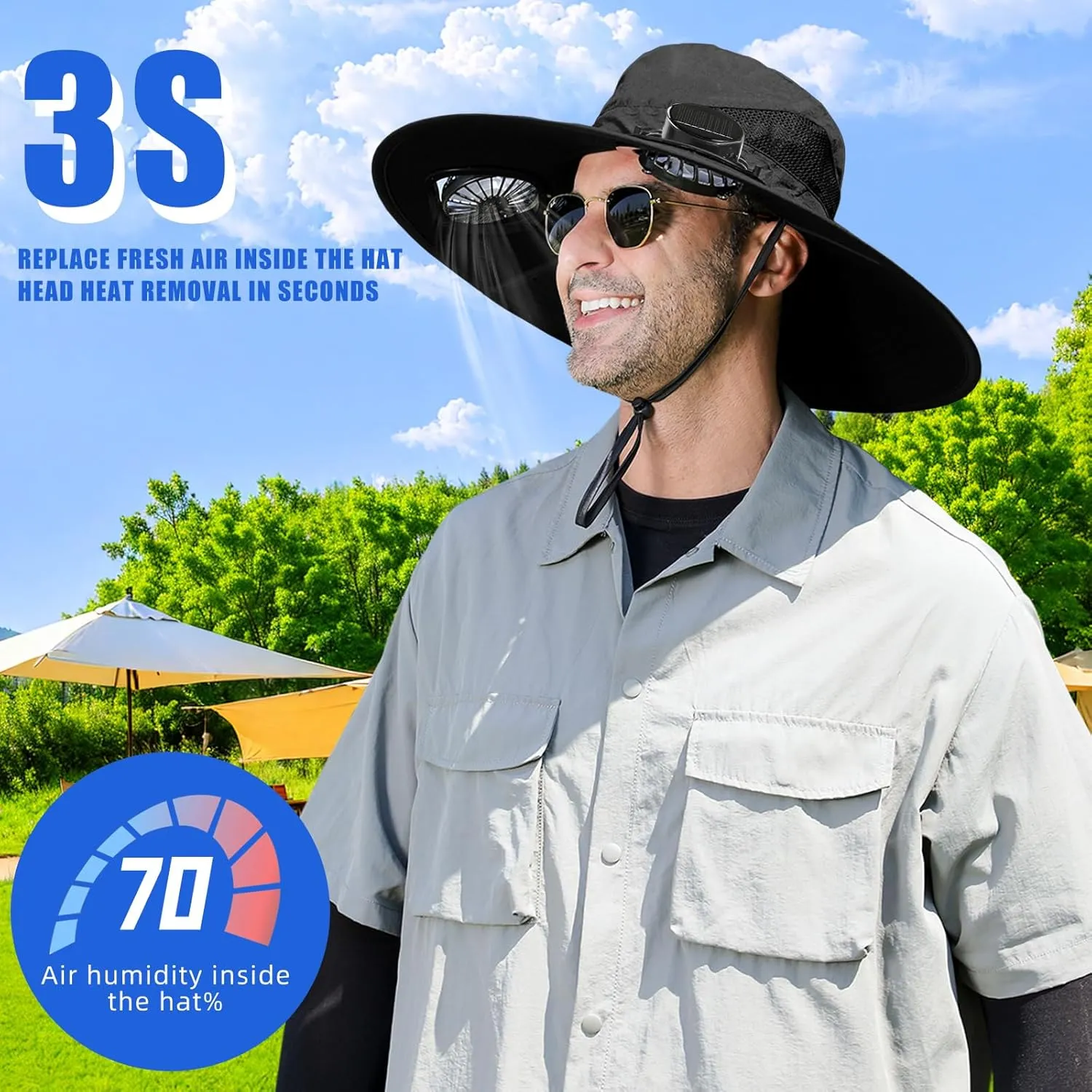 Outdoor Fishing Hat with 2 Solar Fan Breathable Wide Brim Sun Hat for Men Women, UPF 50  Bucket Beach Hat