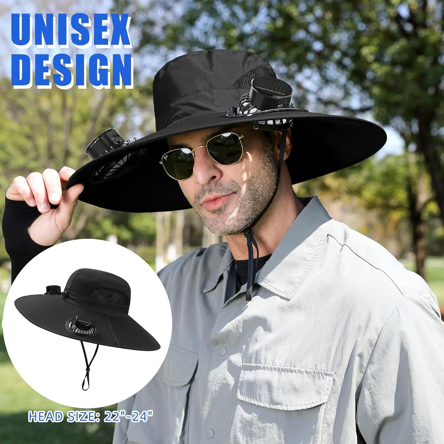 Outdoor Fishing Hat with 2 Solar Fan Breathable Wide Brim Sun Hat for Men Women, UPF 50  Bucket Beach Hat