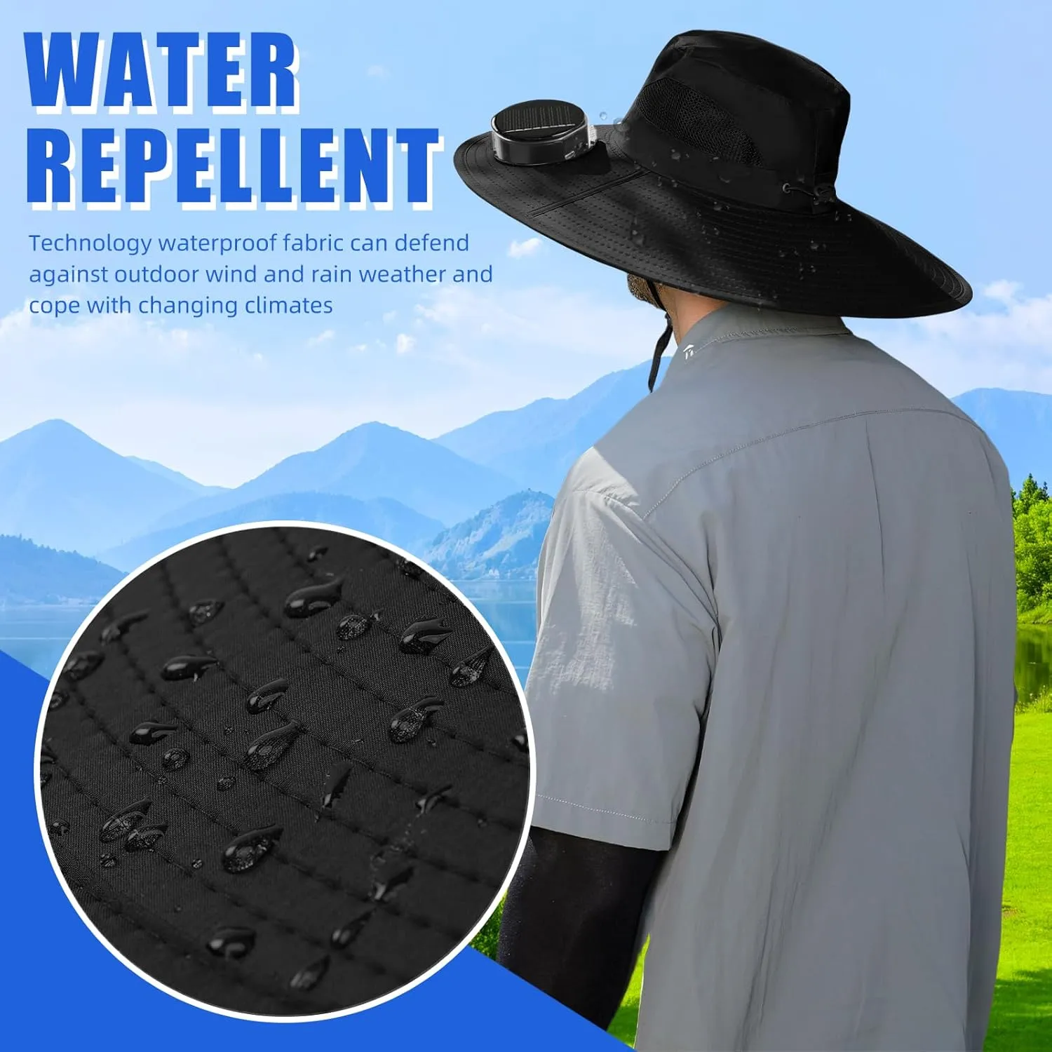 Outdoor Fishing Hat with 2 Solar Fan Breathable Wide Brim Sun Hat for Men Women, UPF 50  Bucket Beach Hat