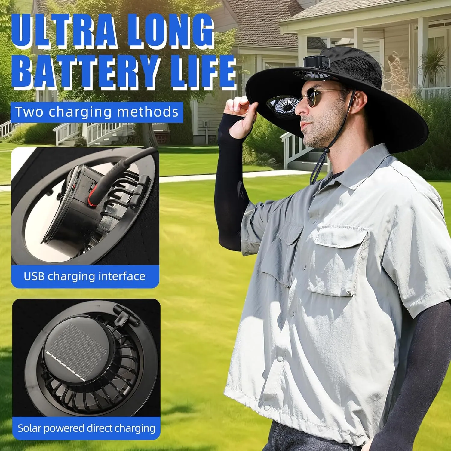 Outdoor Fishing Hat with 2 Solar Fan Breathable Wide Brim Sun Hat for Men Women, UPF 50  Bucket Beach Hat