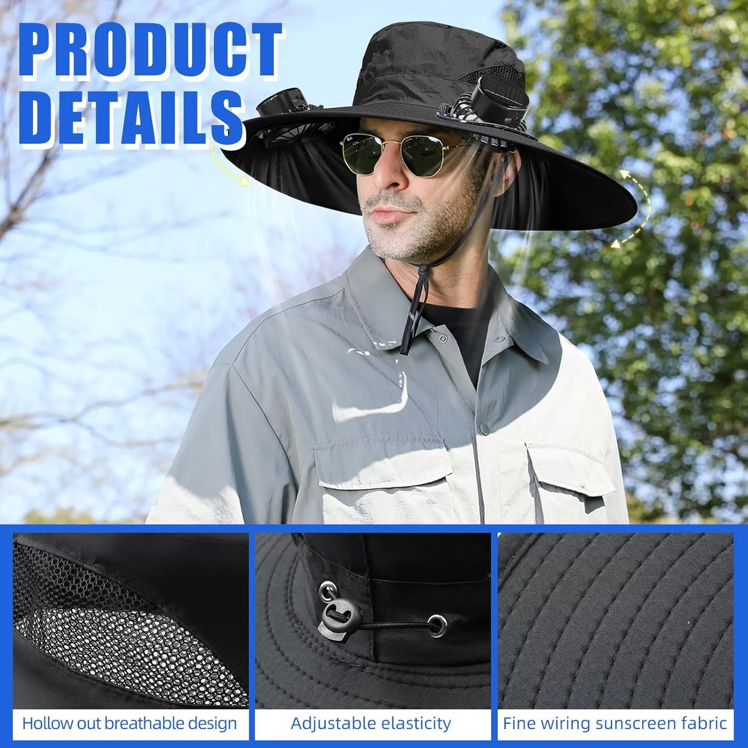 Outdoor Fishing Hat with 2 Solar Fan Breathable Wide Brim Sun Hat for Men Women, UPF 50  Bucket Beach Hat