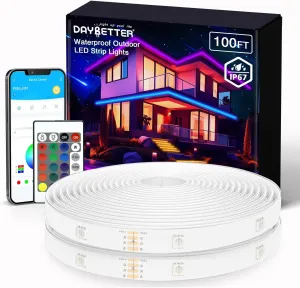 Outdoor LED Strip Lights Waterproof, 100ft IP67 Waterproof LED Light Strips with Remote, Music Sync APP Control, RGB Color Changing LED Lights for Eaves, Roof, Pool, Patio, Garden, Outdoor Decorations