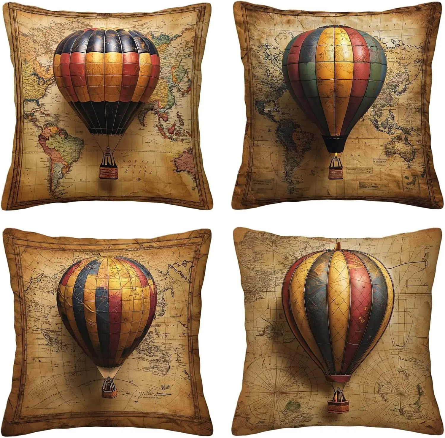 Outdoor Pillow Covers 14x14 Inch, Set of 4 Waterproof Outdoor Throw Pillow Covers, Decorative Square Retro Linen Cushion Cases, Map Pillowcases for Patio Funiture Garden Tent Balcony Couch Sofa, G-66