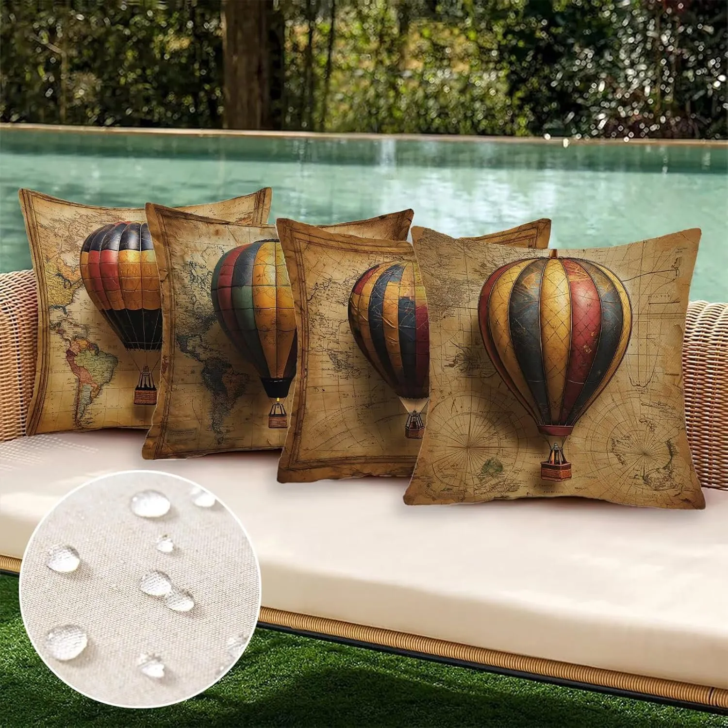 Outdoor Pillow Covers 14x14 Inch, Set of 4 Waterproof Outdoor Throw Pillow Covers, Decorative Square Retro Linen Cushion Cases, Map Pillowcases for Patio Funiture Garden Tent Balcony Couch Sofa, G-66