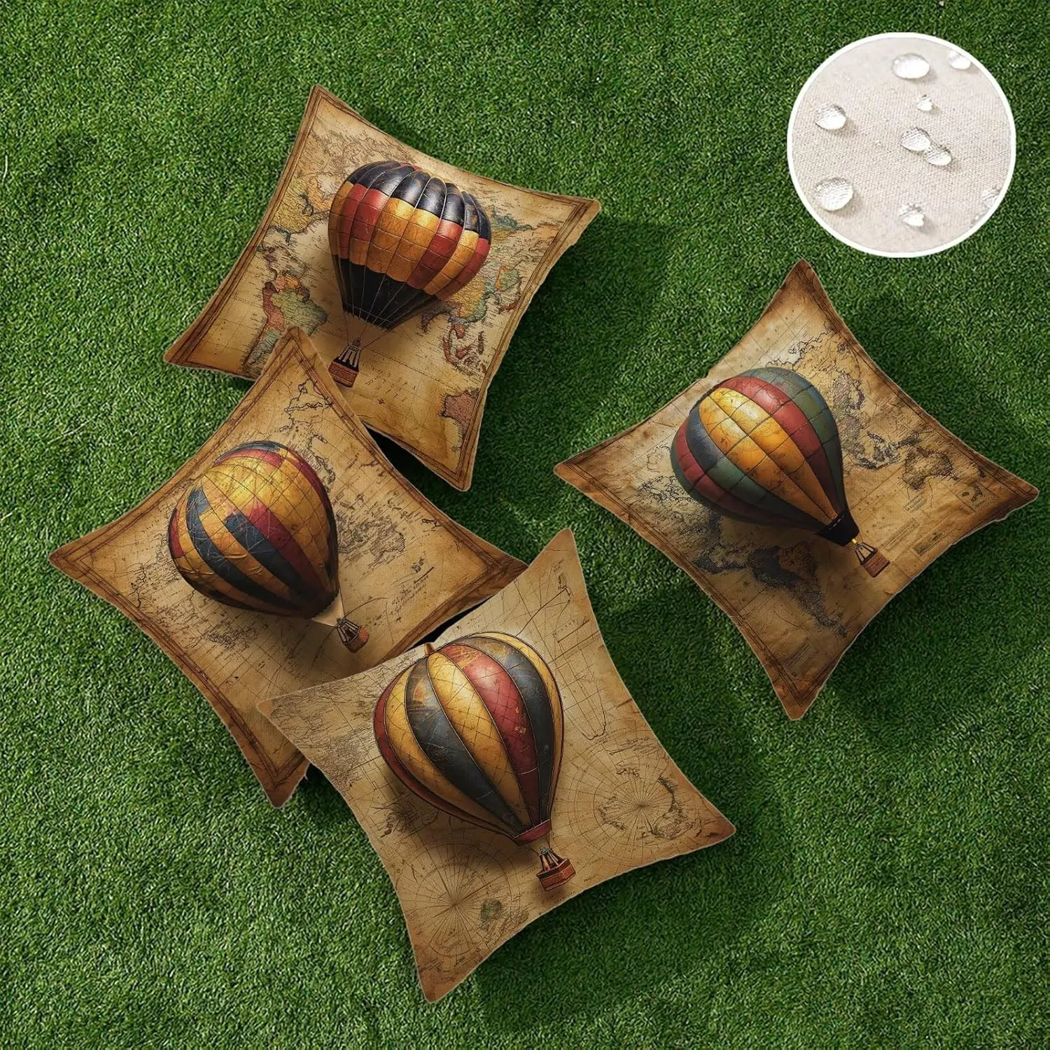 Outdoor Pillow Covers 14x14 Inch, Set of 4 Waterproof Outdoor Throw Pillow Covers, Decorative Square Retro Linen Cushion Cases, Map Pillowcases for Patio Funiture Garden Tent Balcony Couch Sofa, G-66