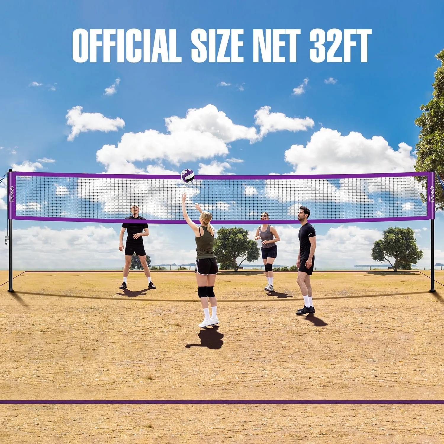 Outdoor Portable Volleyball Net Set with Adjustable Height Steel Poles, Volleyball, Anti-sag Winch System, Pump, Boundary Line, and Carry Bag for Backyard, Beach, Lawn