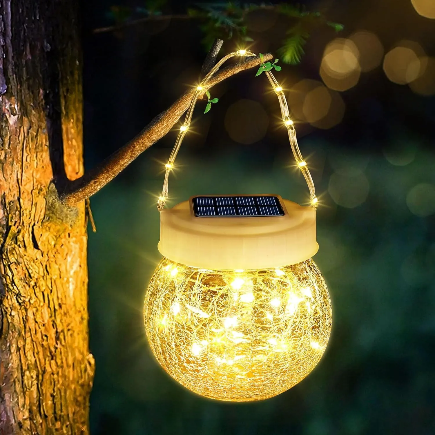 Outdoor Solar Lanterns, 30 LED, Hanging, Waterproof, Warm White, Crackled Glass, for Porch, Patio, Yard, Pathway, Camping, RTIIS003S