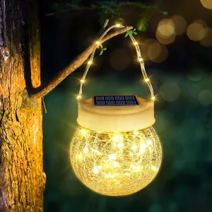 Outdoor Solar Lanterns, 30 LED, Hanging, Waterproof, Warm White, Crackled Glass, for Porch, Patio, Yard, Pathway, Camping, RTIIS003S