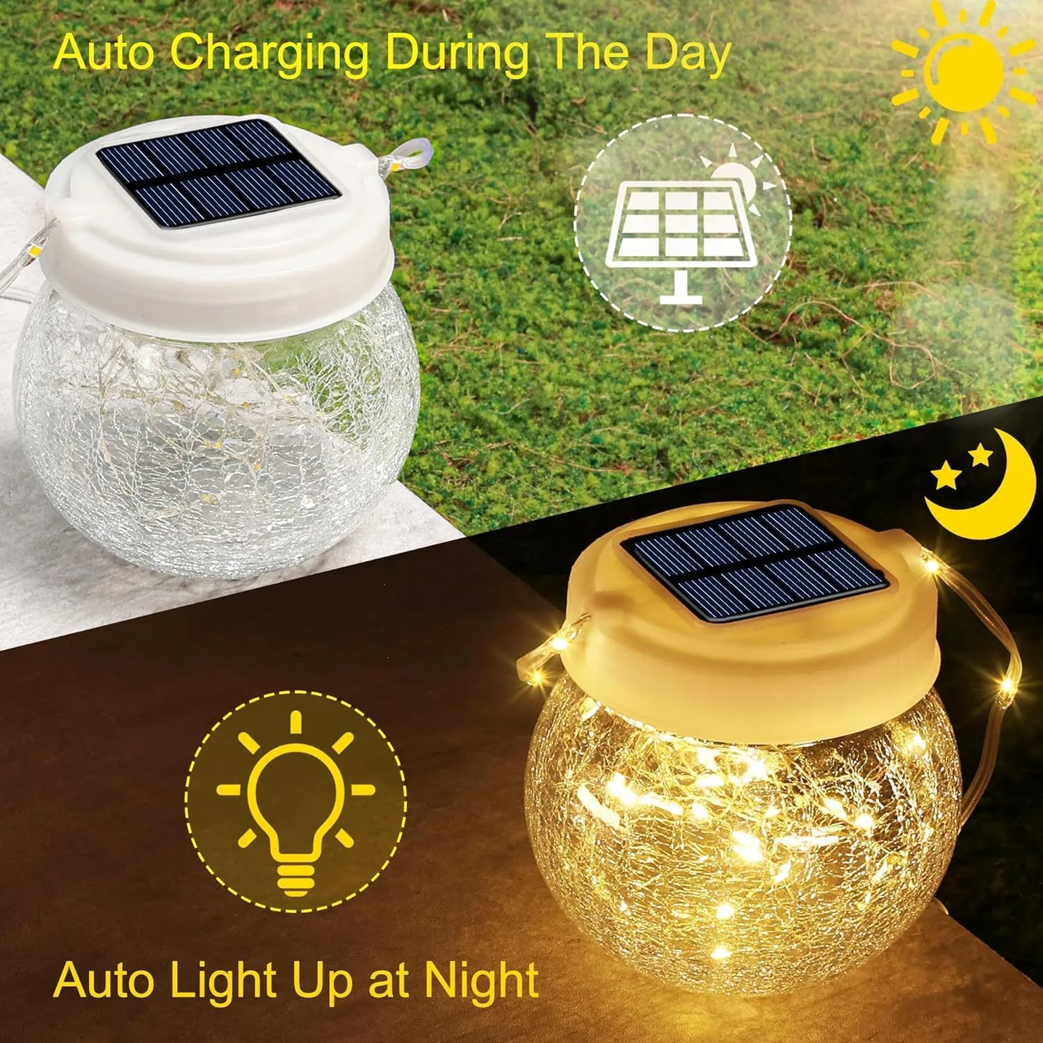 Outdoor Solar Lanterns, 30 LED, Hanging, Waterproof, Warm White, Crackled Glass, for Porch, Patio, Yard, Pathway, Camping, RTIIS003S