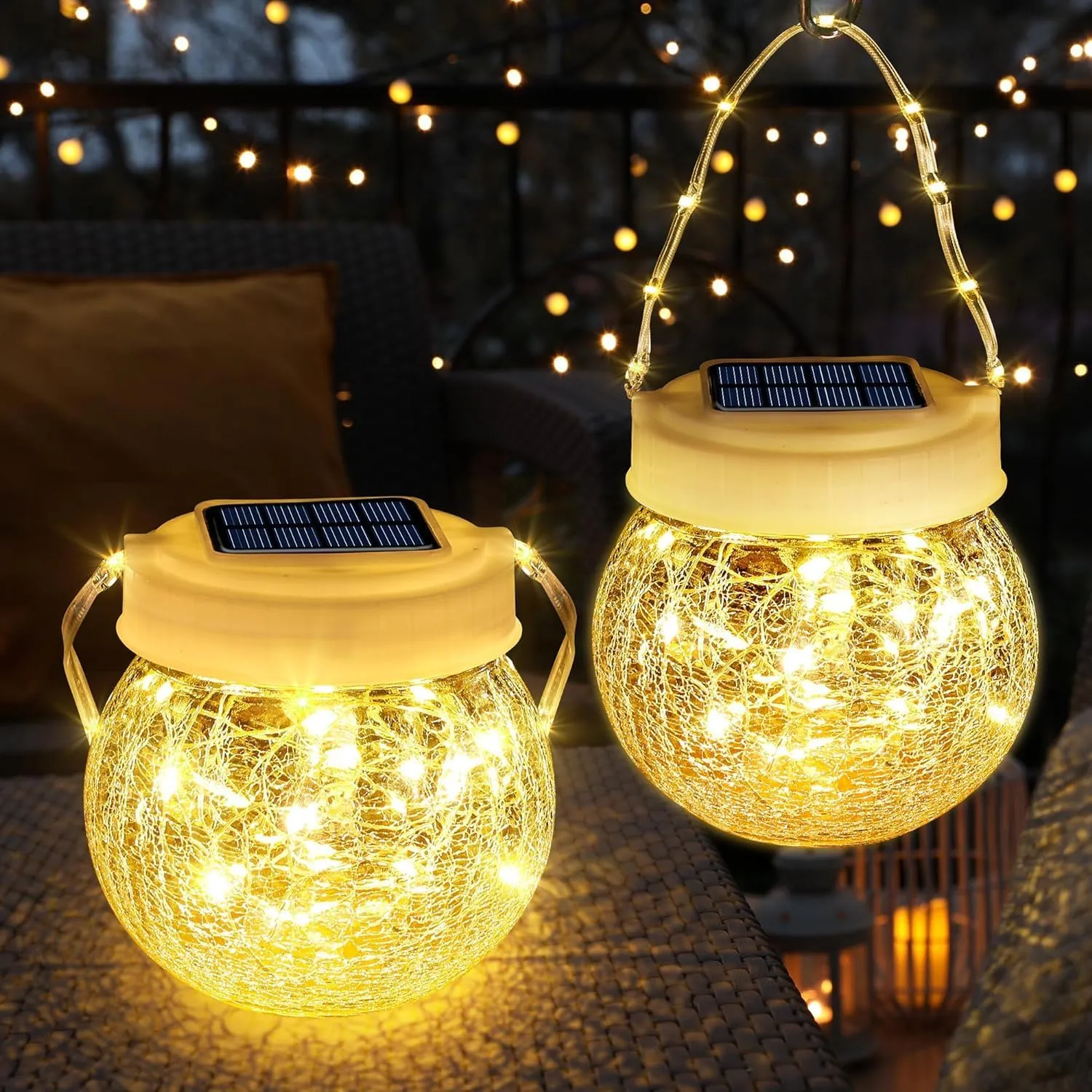 Outdoor Solar Lanterns, 30 LED, Hanging, Waterproof, Warm White, Crackled Glass, for Porch, Patio, Yard, Pathway, Camping, RTIIS003S