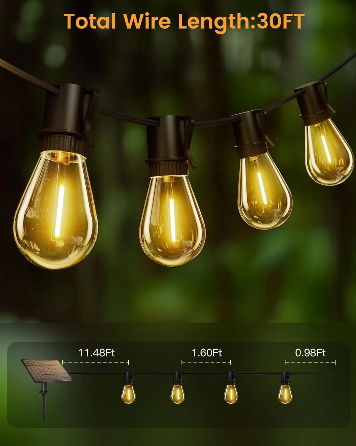 Outdoor Solar String Lights, 30FT Waterproof S14 LED Patio Lights with 13 Shatterproof Bulbs, USB Rechargeable, 2200K Warm White, Energy-Saving Hanging for Garden, Porch, Bistro, Camping