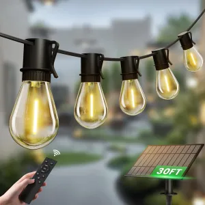 Outdoor Solar String Lights, 30FT Waterproof S14 LED Patio Lights with 13 Shatterproof Bulbs, USB Rechargeable, 2200K Warm White, Energy-Saving Hanging for Garden, Porch, Bistro, Camping