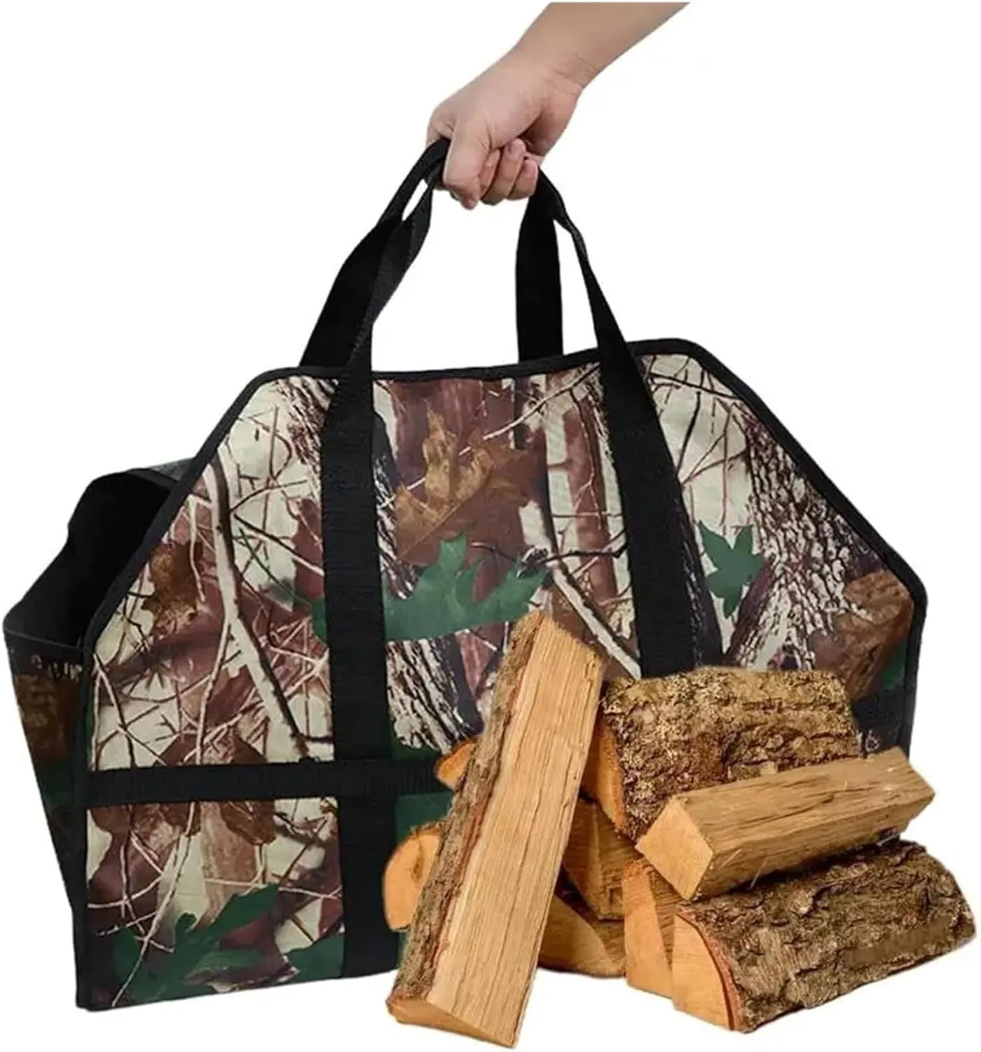 Outdoor Storage Bag,Log Tote Bag, Large Capacity Firewood Carrier Bag Log Tote Woodpile Rack Carrying Wood Holder with Handles ForPicnic Camping Outdoor(Camouflage)