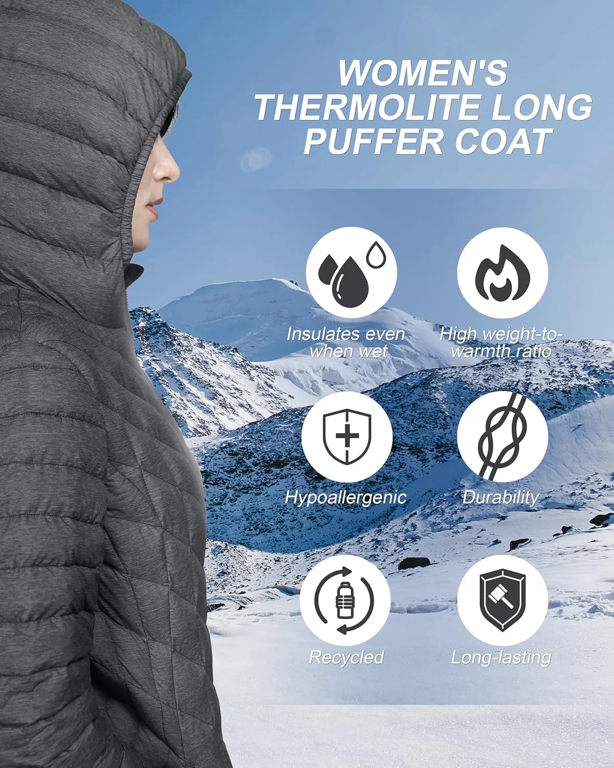Outdoor Ventures Women's Maryan Hooded Ultra Lightweight Warm Thermolite Long Puffer Coat
