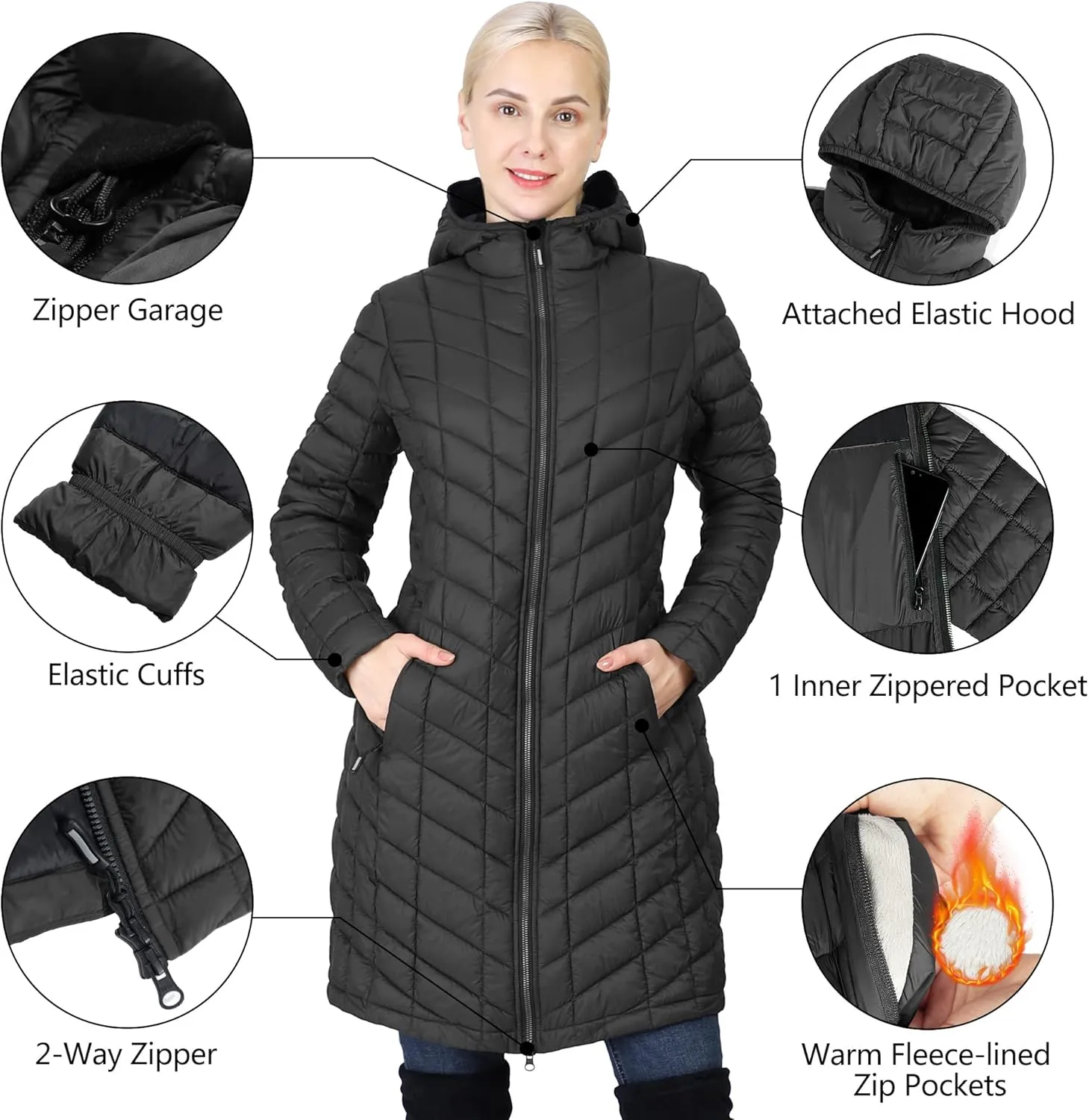 Outdoor Ventures Women's Maryan Hooded Ultra Lightweight Warm Thermolite Long Puffer Coat