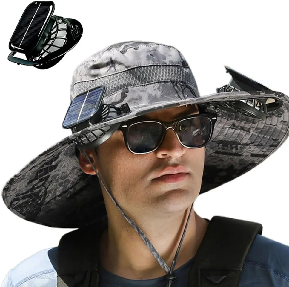 Outdoor Wide Brim Sun Hat with Solar Fan, 2025 New Ultralight Solar Powered Fan Sun Hat with 2 Solar Fan for Work Fishing