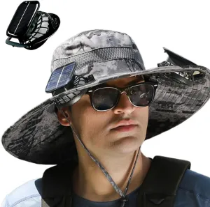 Outdoor Wide Brim Sun Hat with Solar Fan, 2025 New Ultralight Solar Powered Fan Sun Hat with 2 Solar Fan for Work Fishing