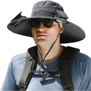Outdoor Wide Brim Sun Hat,Fan Hat for Men,Solar Fan-Fishing Hat,with 2 Solar Powered Fan