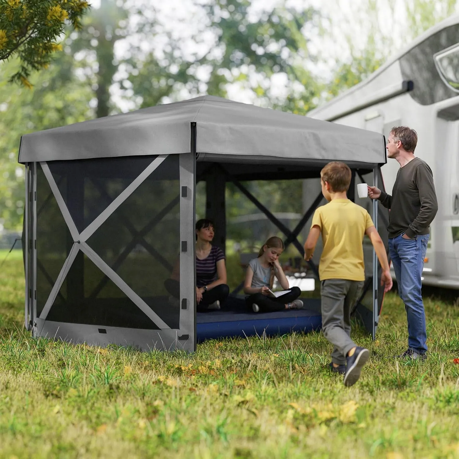 Outsunny 12' x 12' Hexagonal Pop Up Gazebo Canopy Tent with 5 Sidewalls, Waterproof Portable Outdoor Canopy Shelter with Curtains, Carry Bag, 5 Ropes, 11 Stakes for Camping, Garden, Patio, Dark Gray