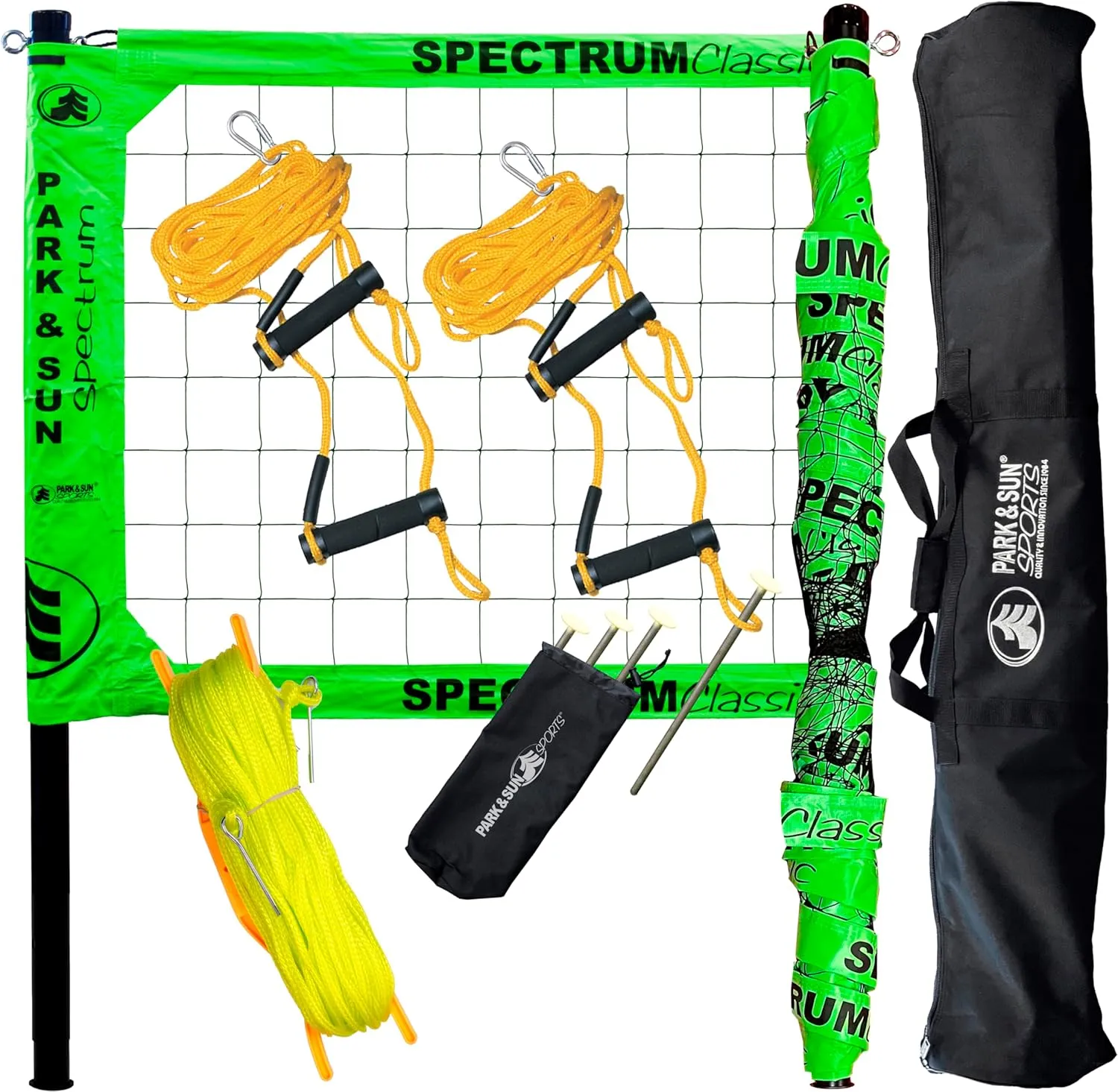 Park & Sun Sports Spectrum Classic: Adjustable Professional Outdoor Volleyball Net System, Green Net - Ideal for Beach, Grass, and Backyard Games - Durable, Easy Setup, Anti-Sag, Portable