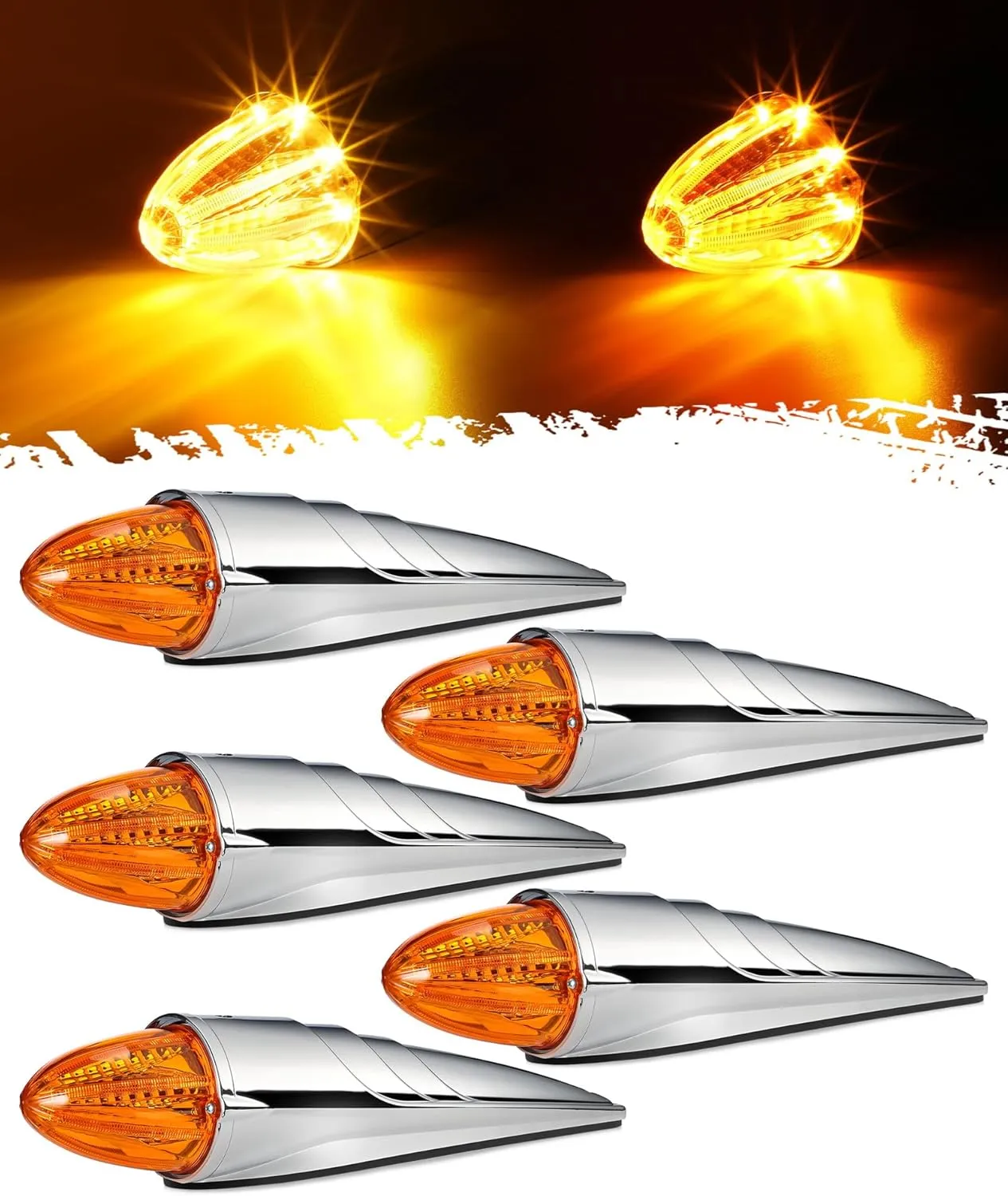 Partsam 5PCS Amber Torpedo Cab Marker, Chrome Roof Running Lights Assembly, LED High/Low-Brightness Mode Clearance Lights Compatible with International/Peterbilt/Freightliner/Mack