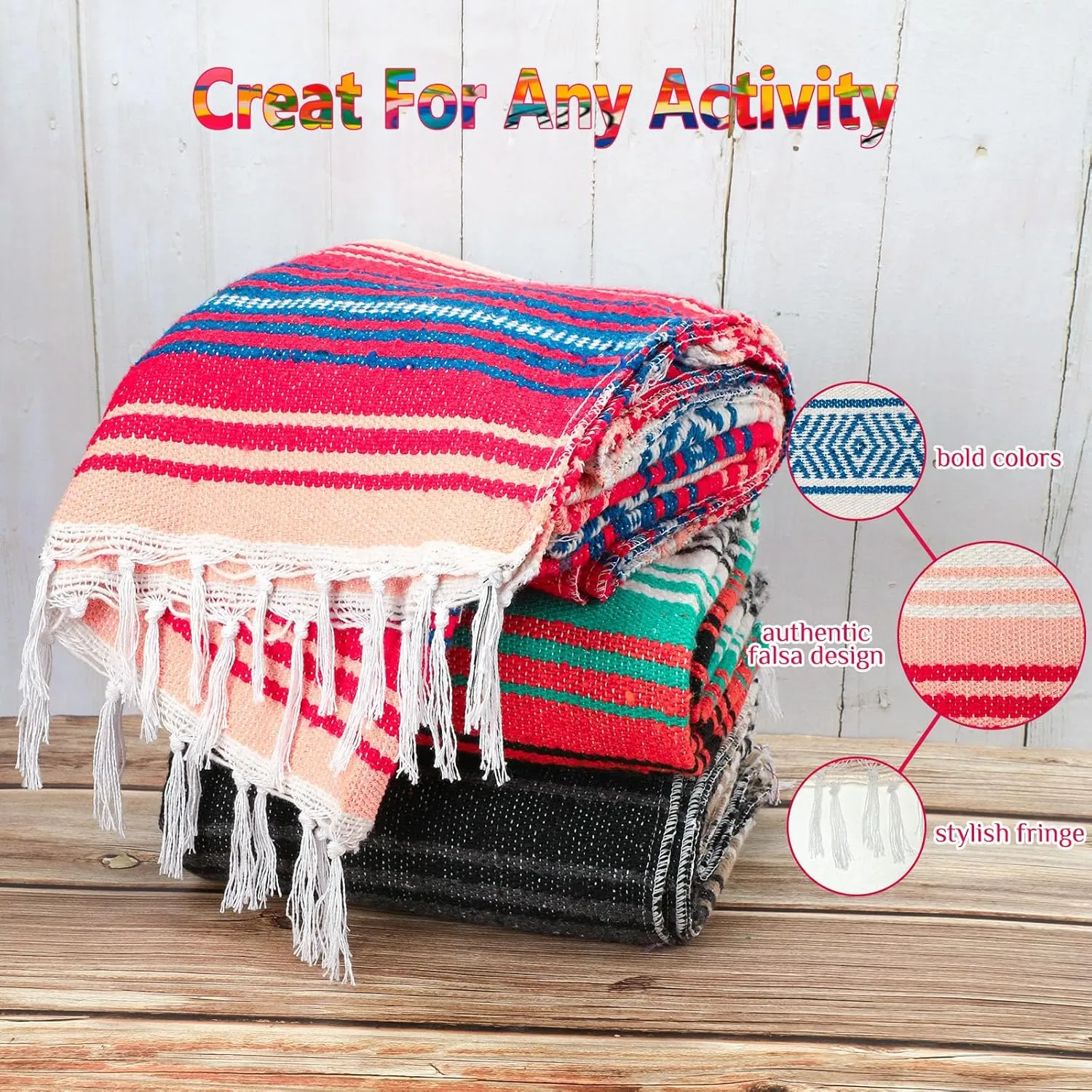 Peryiter 9 Pcs Mexican Blanket Bulk Large Yoga Blanket Striped Falsa with Fringed for Outdoor Beach Picnic Couch, 45 x 70 inch(Bright Colors)