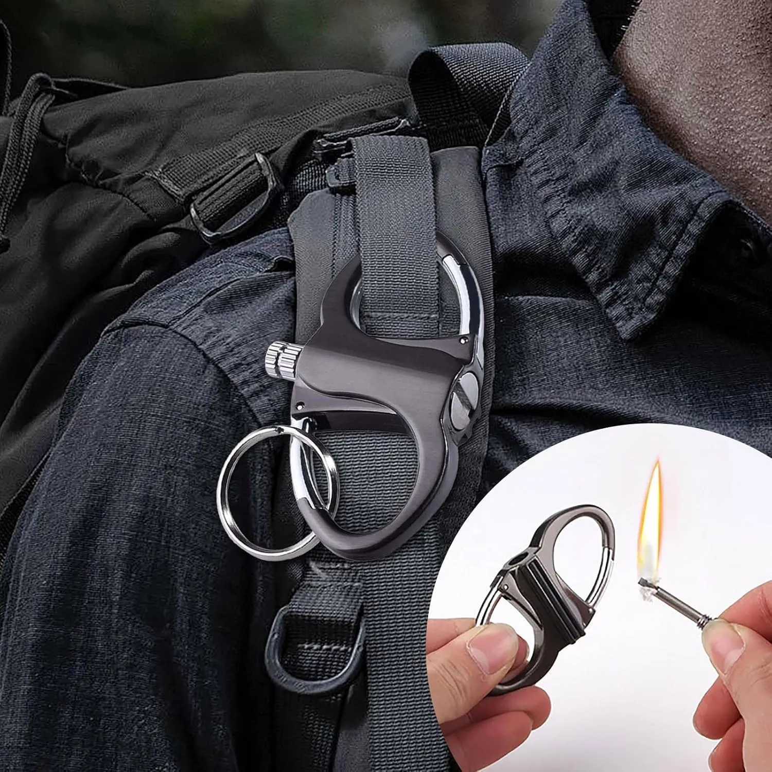 Pickelect Keychain, Keychain Lighter, Metal Match Mini, Reusable Fire Starter Mechanical Match, Multifunctional Adventure Lighter, Outdoor Emergency Light Equipment (2*Black)