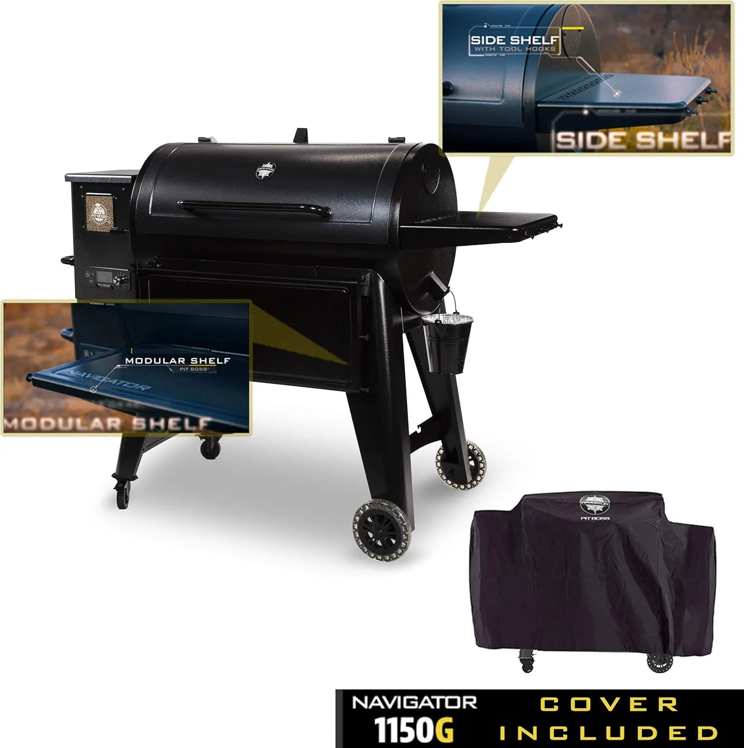 Pit Boss PB1150G PG1150G Wood Pellet Grill w/Cover and Folding Front Shelf Included, 1150 sq. inch, Black