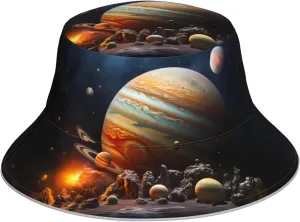 Planets in The Solar System Pattern Reflective Bucket Hat for Unisex - for Travel, Camping, and Outdoor Activities Black, Black, One Size