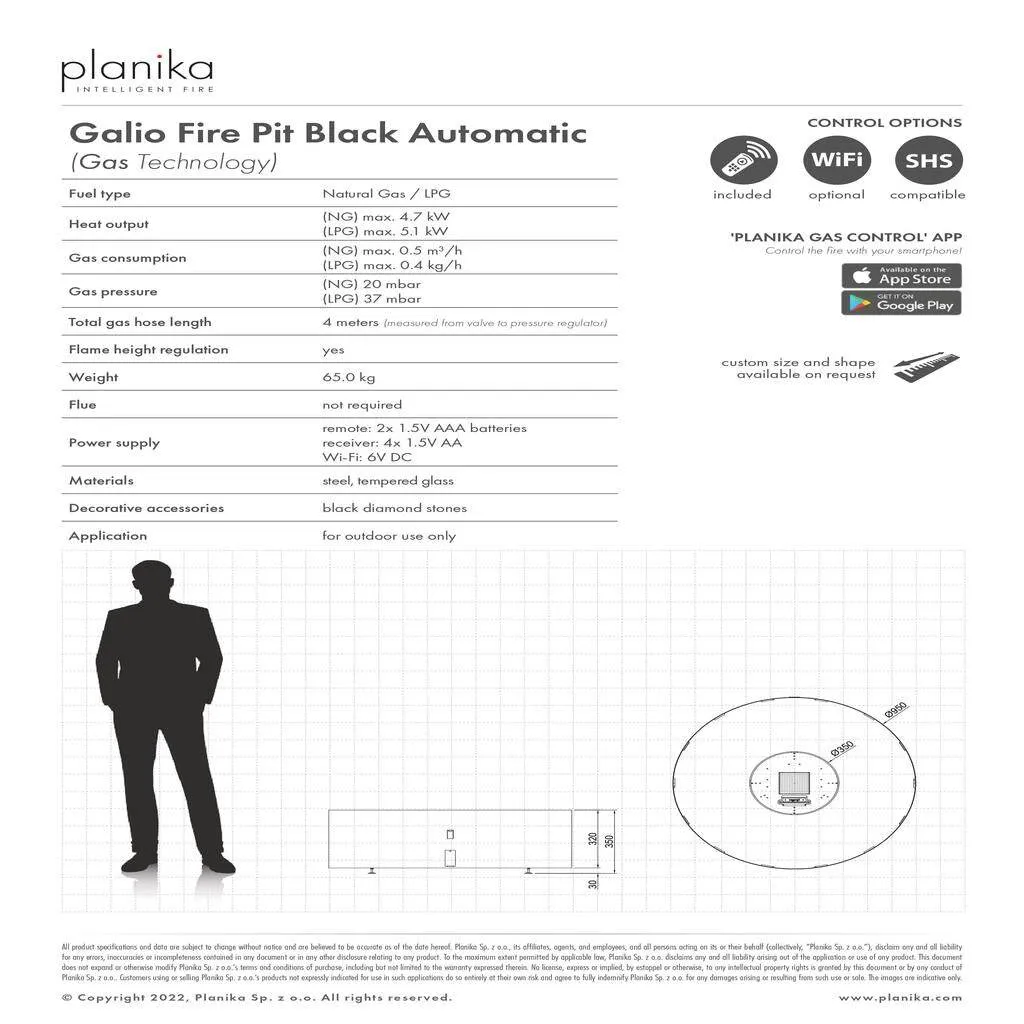 Planika Galio Gas Fire Pit Black Automatic