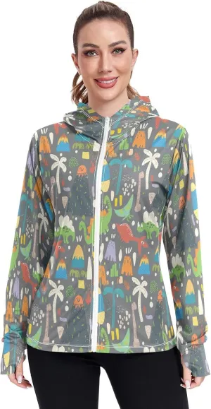 Playful Summer Doodles Lightweight Hoodie Upf 50 , Long Sleeve Zip up Outdoor Clothing Women