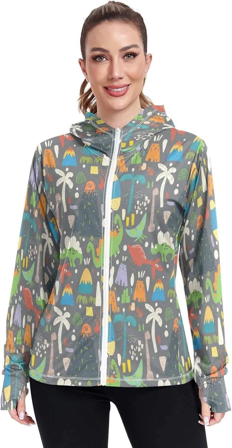 Playful Summer Doodles Lightweight Hoodie Upf 50 , Long Sleeve Zip up Outdoor Clothing Women