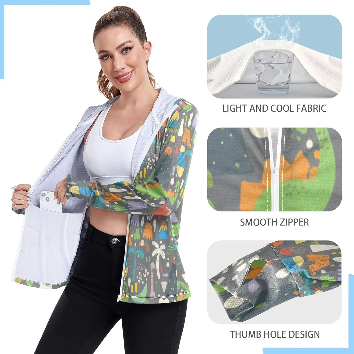 Playful Summer Doodles Lightweight Hoodie Upf 50 , Long Sleeve Zip up Outdoor Clothing Women