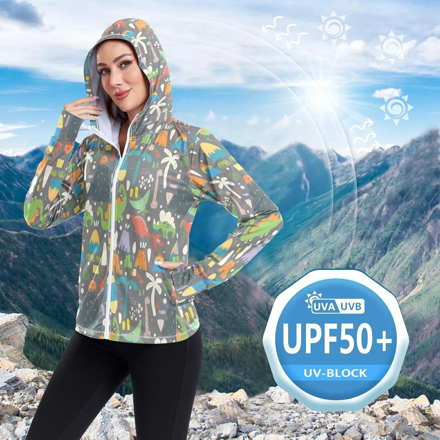 Playful Summer Doodles Lightweight Hoodie Upf 50 , Long Sleeve Zip up Outdoor Clothing Women