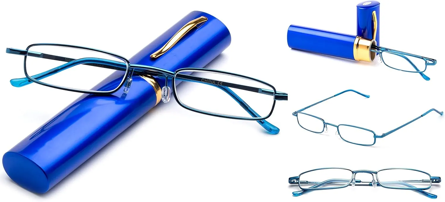 Pocket Tube Reading Glasses Ultra Slim Compact Unisex Light Weight Reading Glasses w/Portable Pocket Clip Aluminum Case