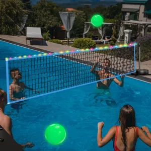 Pool Volleyball Net with Light - Portable Outdoor LED Volleyball Net with 2 Glowing Balls and Weighted Bases, Swimming Pool Sports Game Set, Adjustable Length 15-30FT for Inground Pools