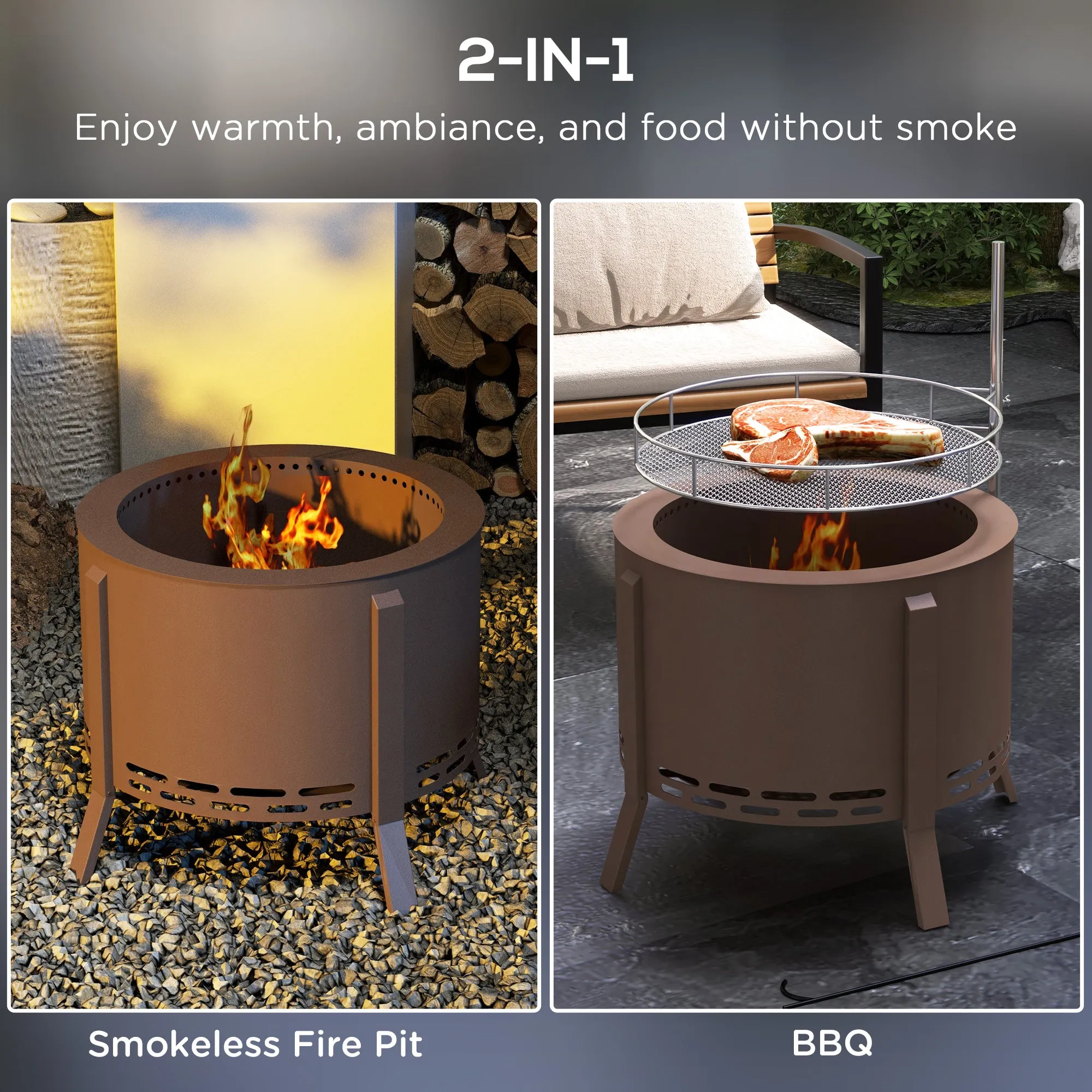 Portable 2-in-1 Smokeless Fire Pit & Grill with Poker, Bronze Steel Camping Stove, Bronze
