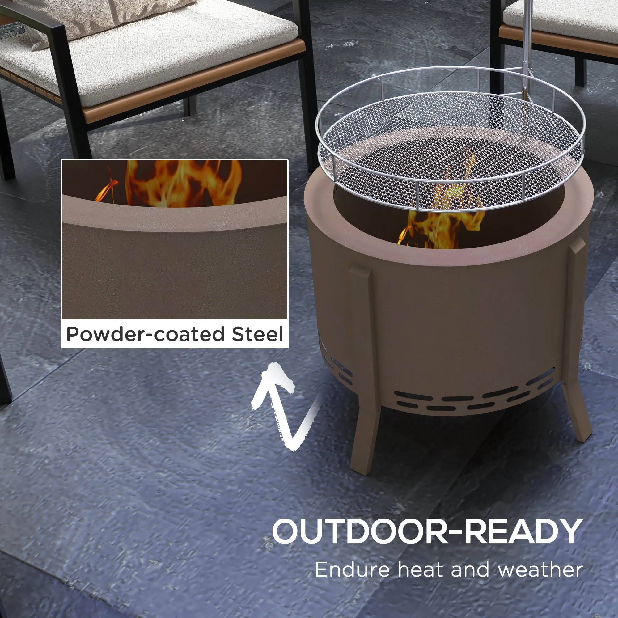 Portable 2-in-1 Smokeless Fire Pit & Grill with Poker, Bronze Steel Camping Stove, Bronze
