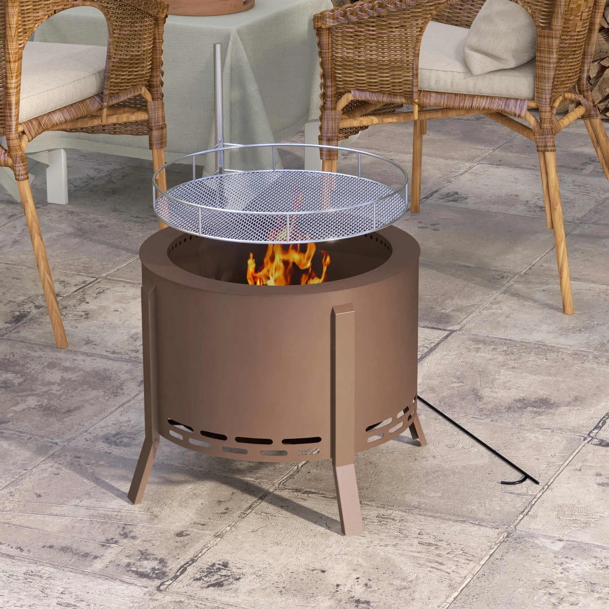 Portable 2-in-1 Smokeless Fire Pit & Grill with Poker, Bronze Steel Camping Stove, Bronze