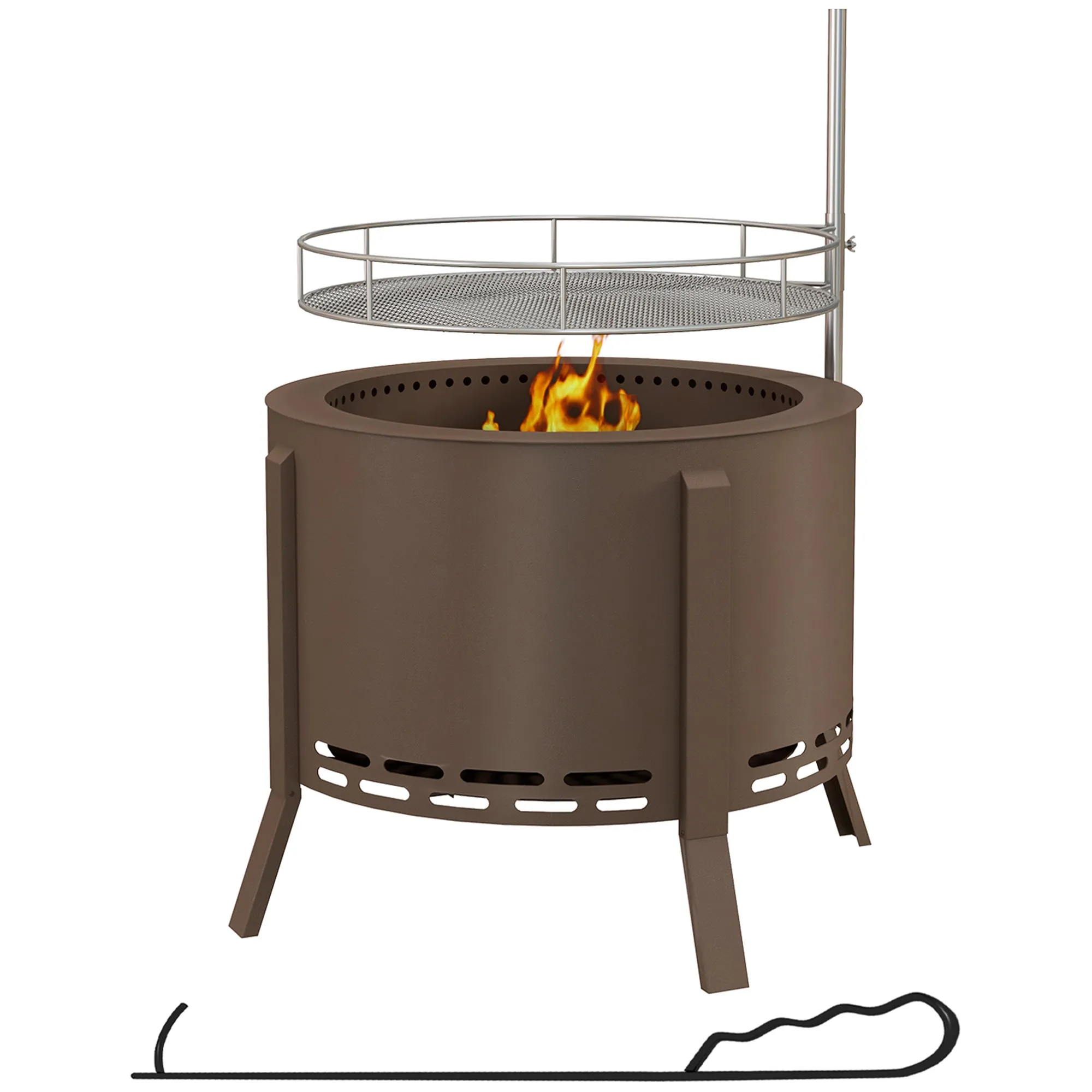Portable 2-in-1 Smokeless Fire Pit & Grill with Poker, Bronze Steel Camping Stove, Bronze