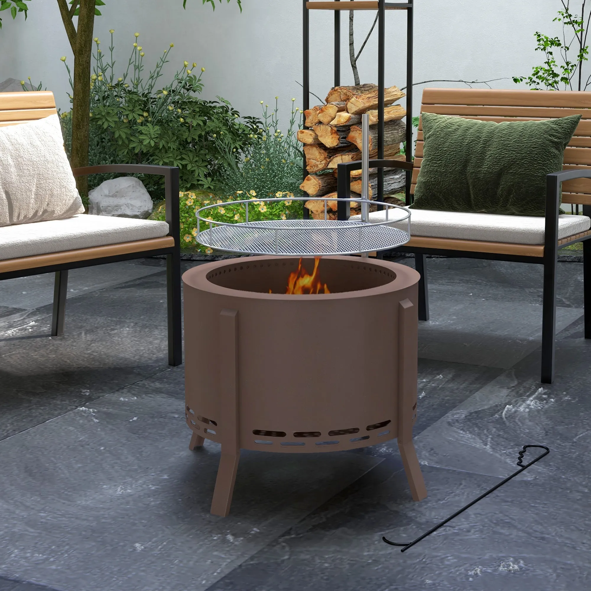Portable 2-in-1 Smokeless Fire Pit & Grill with Poker, Bronze Steel Camping Stove, Bronze