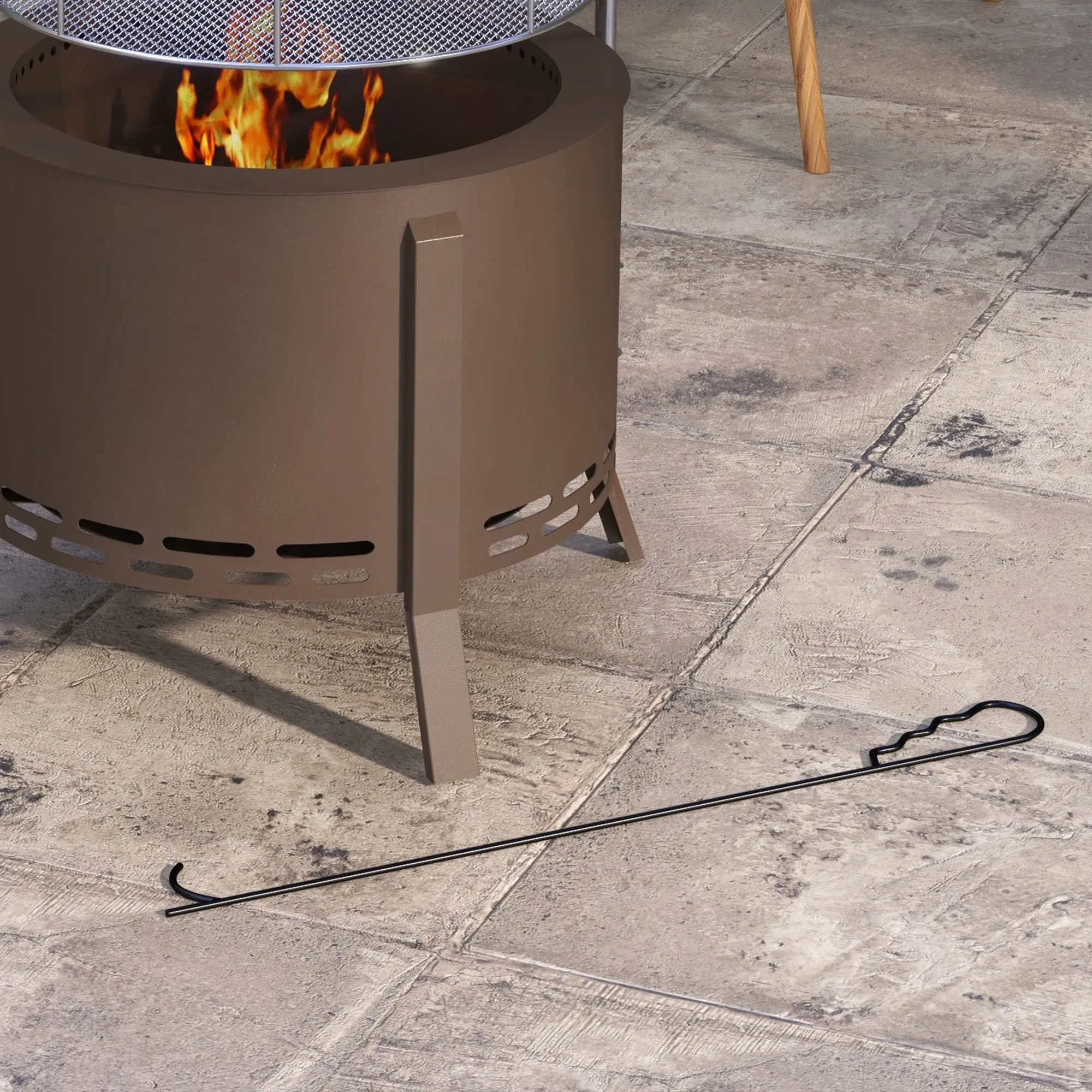 Portable 2-in-1 Smokeless Fire Pit & Grill with Poker, Bronze Steel Camping Stove, Bronze