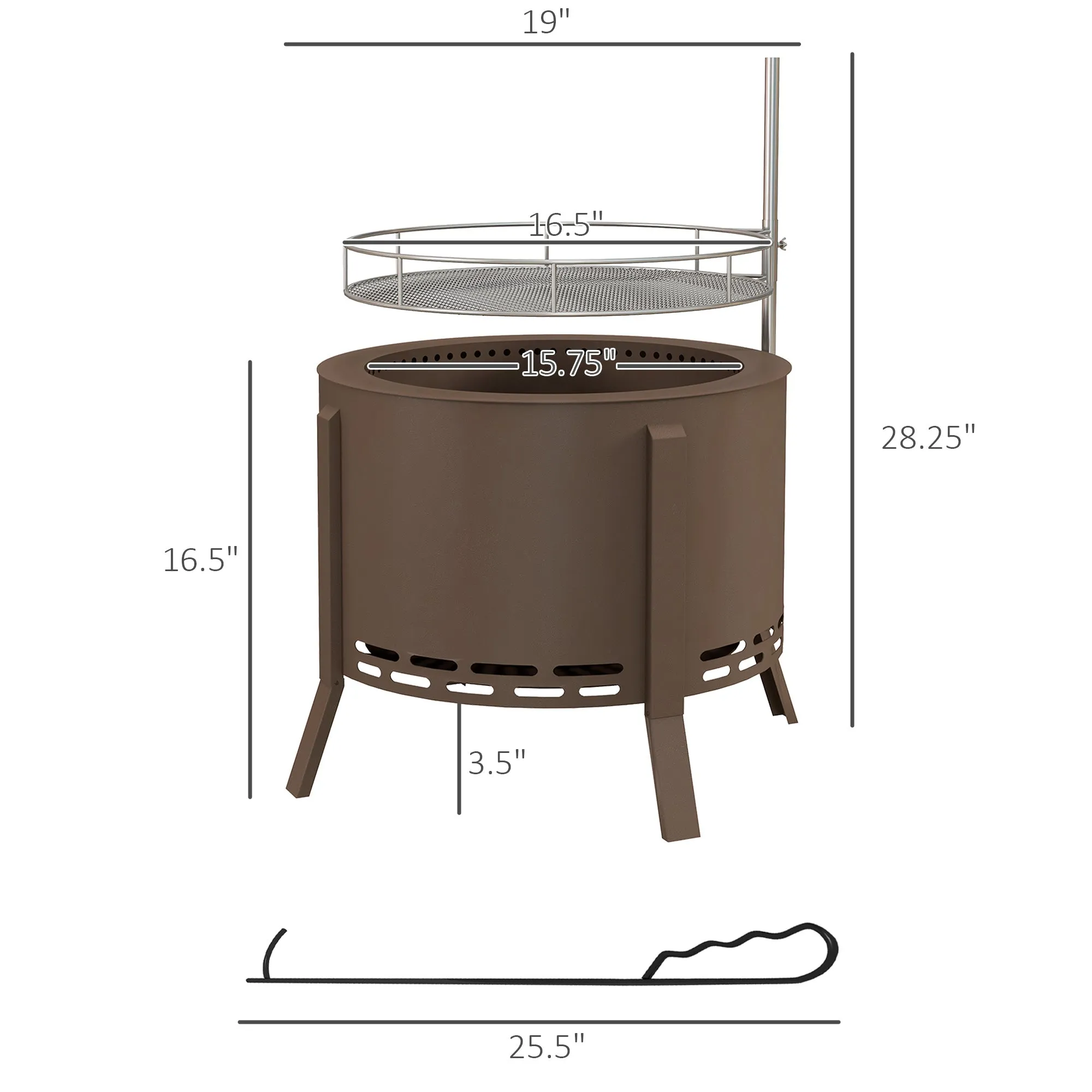 Portable 2-in-1 Smokeless Fire Pit & Grill with Poker, Bronze Steel Camping Stove, Bronze