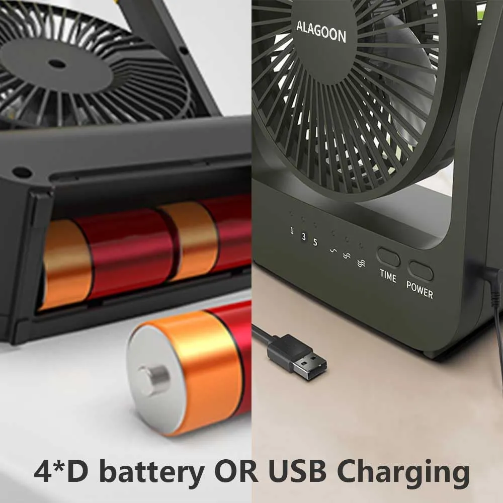 Portable Desk Fan, D Battery Operated Fan for Hurricane, Powered Fan by USB Cable 214H Long Lasting with Timer 6'' Portable for Outdoor Camping Quiet 3 Speeds for Office Bedroom(Blue)