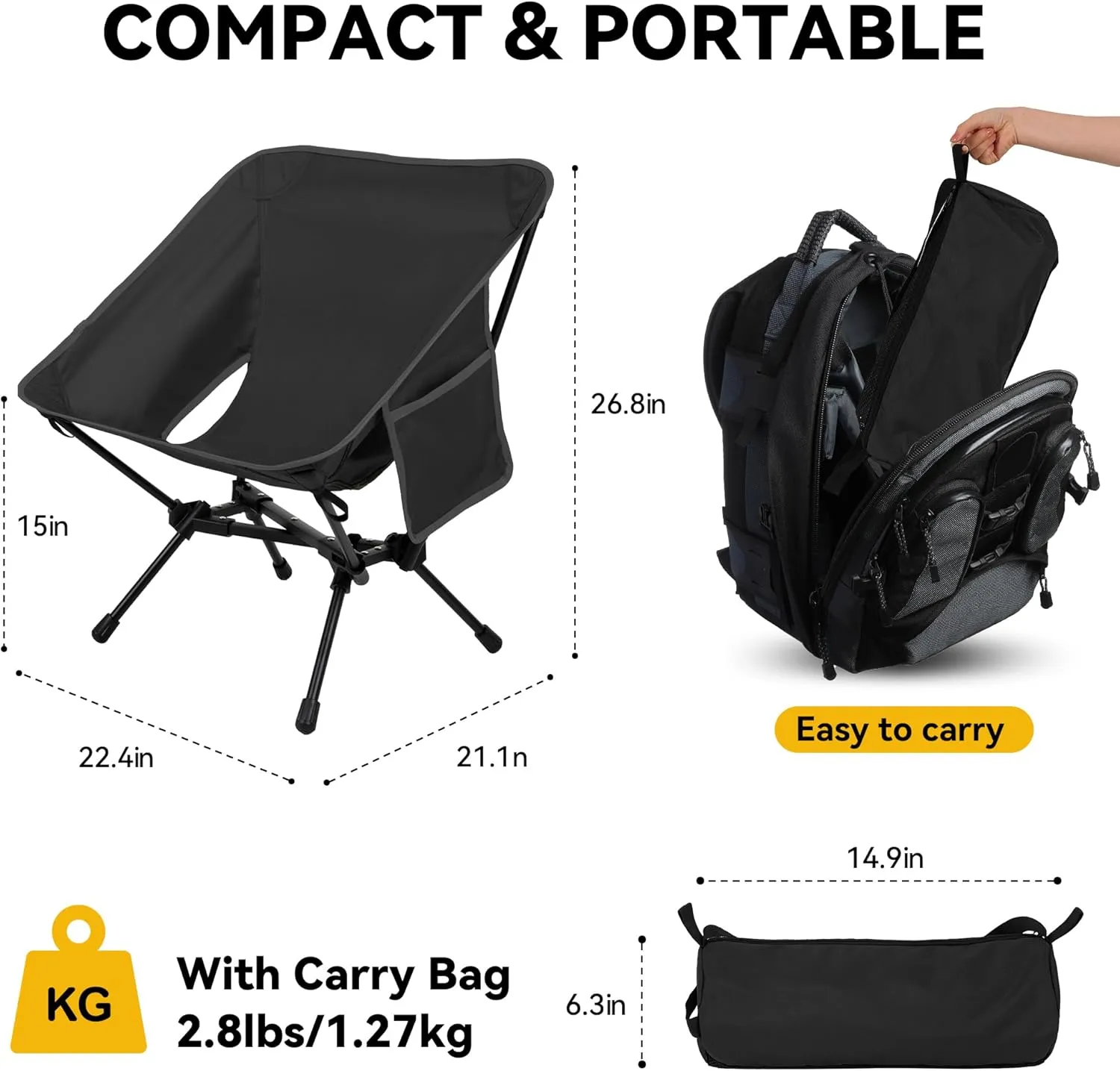 Portable High Back Camping Chair, Support Heavy Duty 440 lbs, Lightweight Folding Chair with Adjustable Pillow for Hiking, Beach, Backpacking
