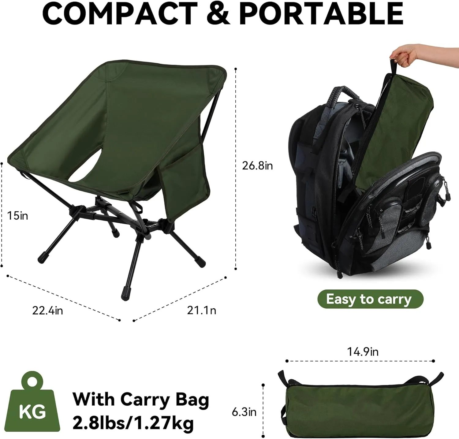 Portable High Back Camping Chair, Support Heavy Duty 440 lbs, Lightweight Folding Chair with Adjustable Pillow for Hiking, Beach, Backpacking
