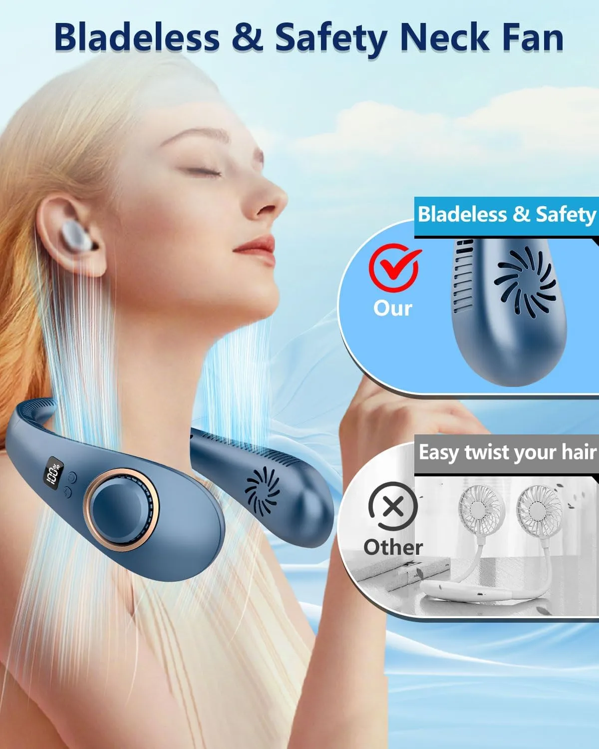 Portable Neck Fan Rechargeable,Personal Fans for Your Neck Battery Operated,Bladeless Folding Neck Fans that Blow Cold Air,Cooling Neck Fan Hands Free,Wearable Necklace Fan for Women Men Kids Blue