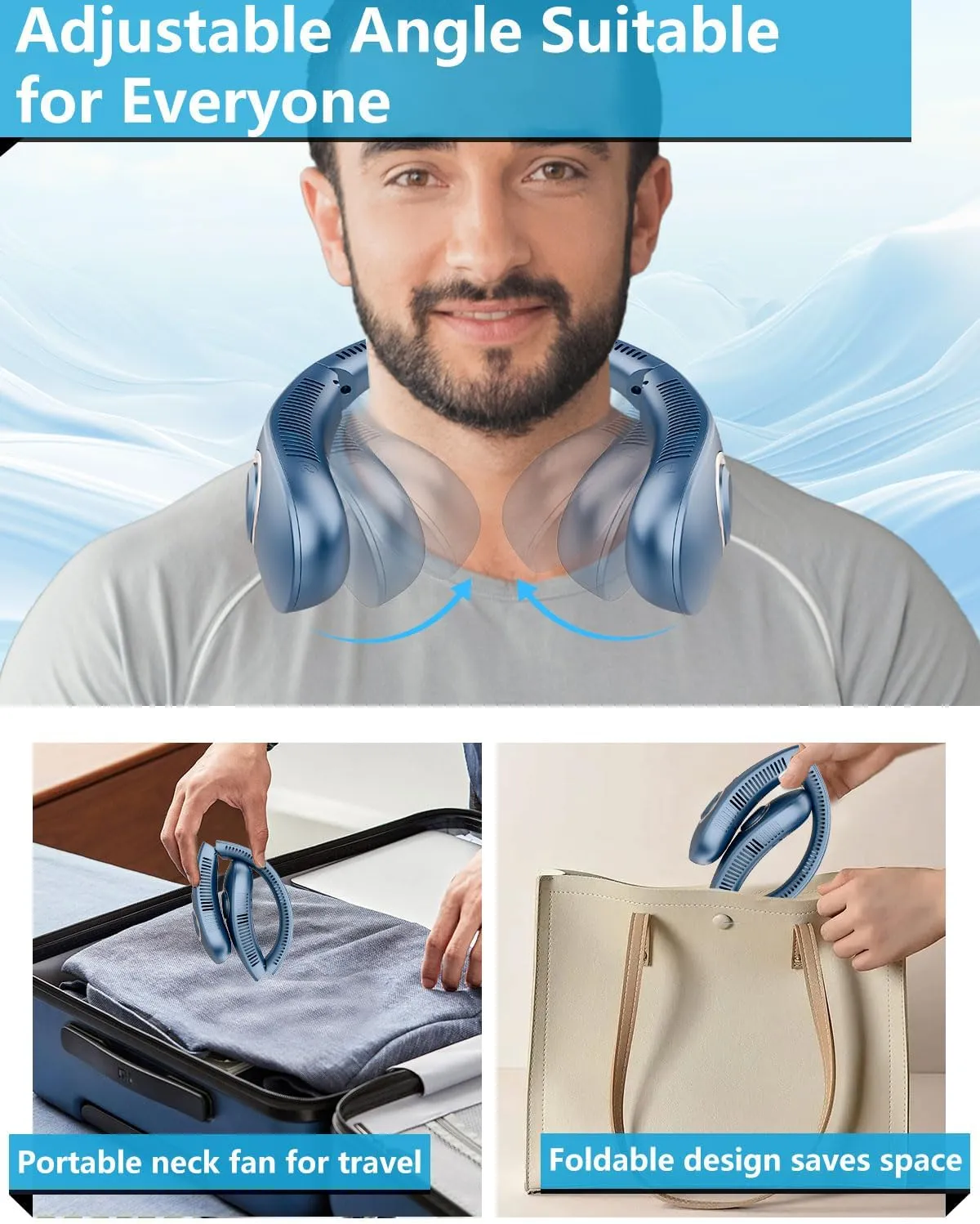 Portable Neck Fan Rechargeable,Personal Fans for Your Neck Battery Operated,Bladeless Folding Neck Fans that Blow Cold Air,Cooling Neck Fan Hands Free,Wearable Necklace Fan for Women Men Kids Blue